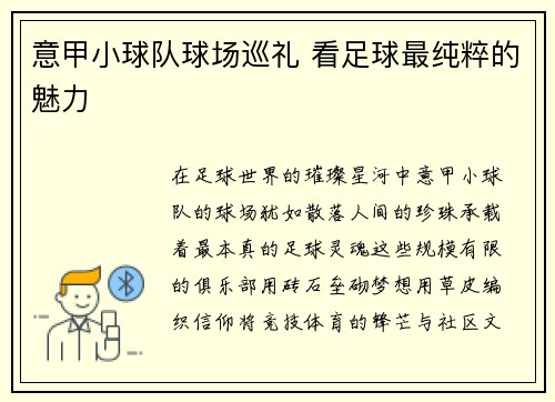意甲小球队球场巡礼 看足球最纯粹的魅力